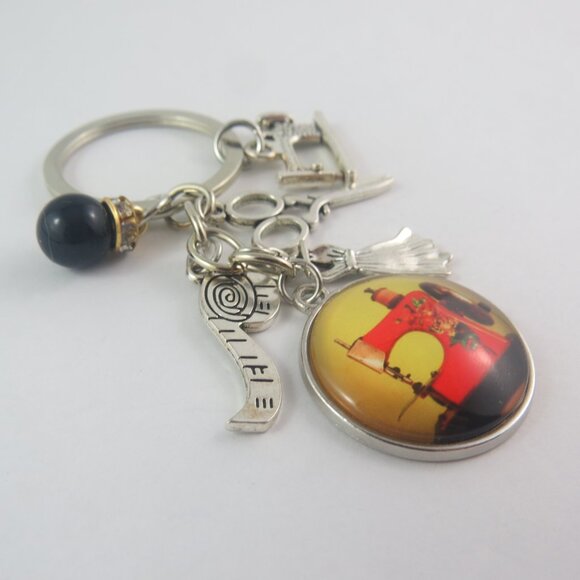 Sewing Keychain Sewing Machine Key Ring with Scissors Dress Form Ruler Charms - Picture 2 of 4